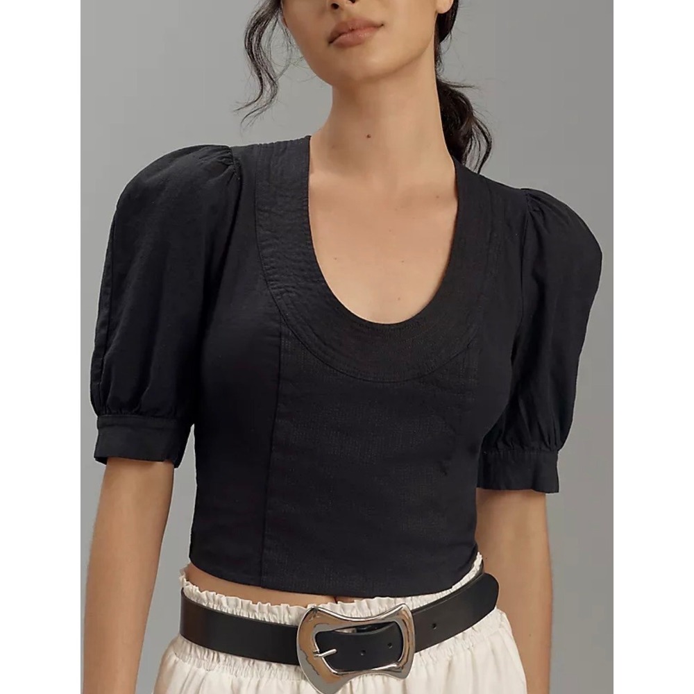 Anthropologie Puff Sleeve Scoop Neck Linen Crop Top‎ Black Size 6 EUC Size Large